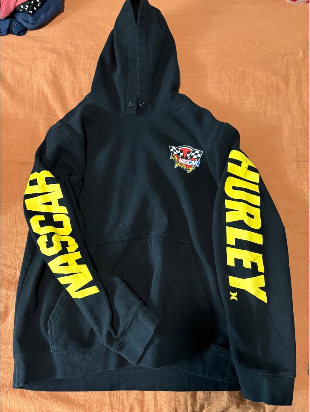 Hurley NASCAR Racing Black Hoodie with Yellow Sleeve Print and Back Graphic